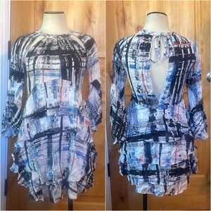 MARISSA WEBB Silk Graphic Print Cut-Out Accents Tie-Bk 3/4-Slv Dress $350 EUC XS